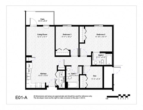 Floor plan for 3 beds, 2 baths, 1031 sqft